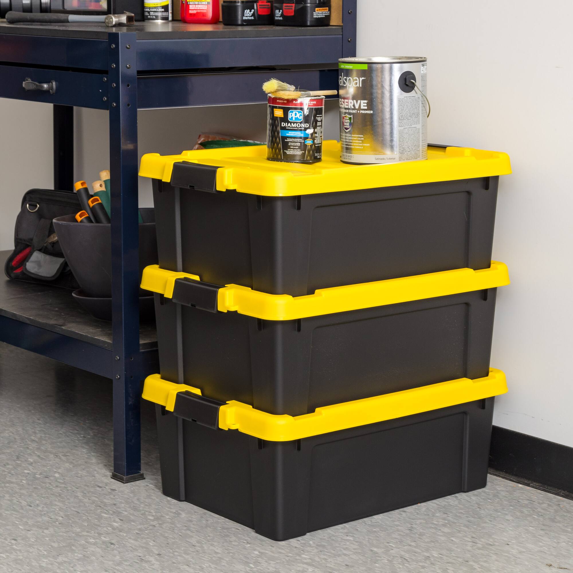 IRIS® 47qt. Black Store-It-All Utility Totes with Yellow Buckle Lids, 3ct.